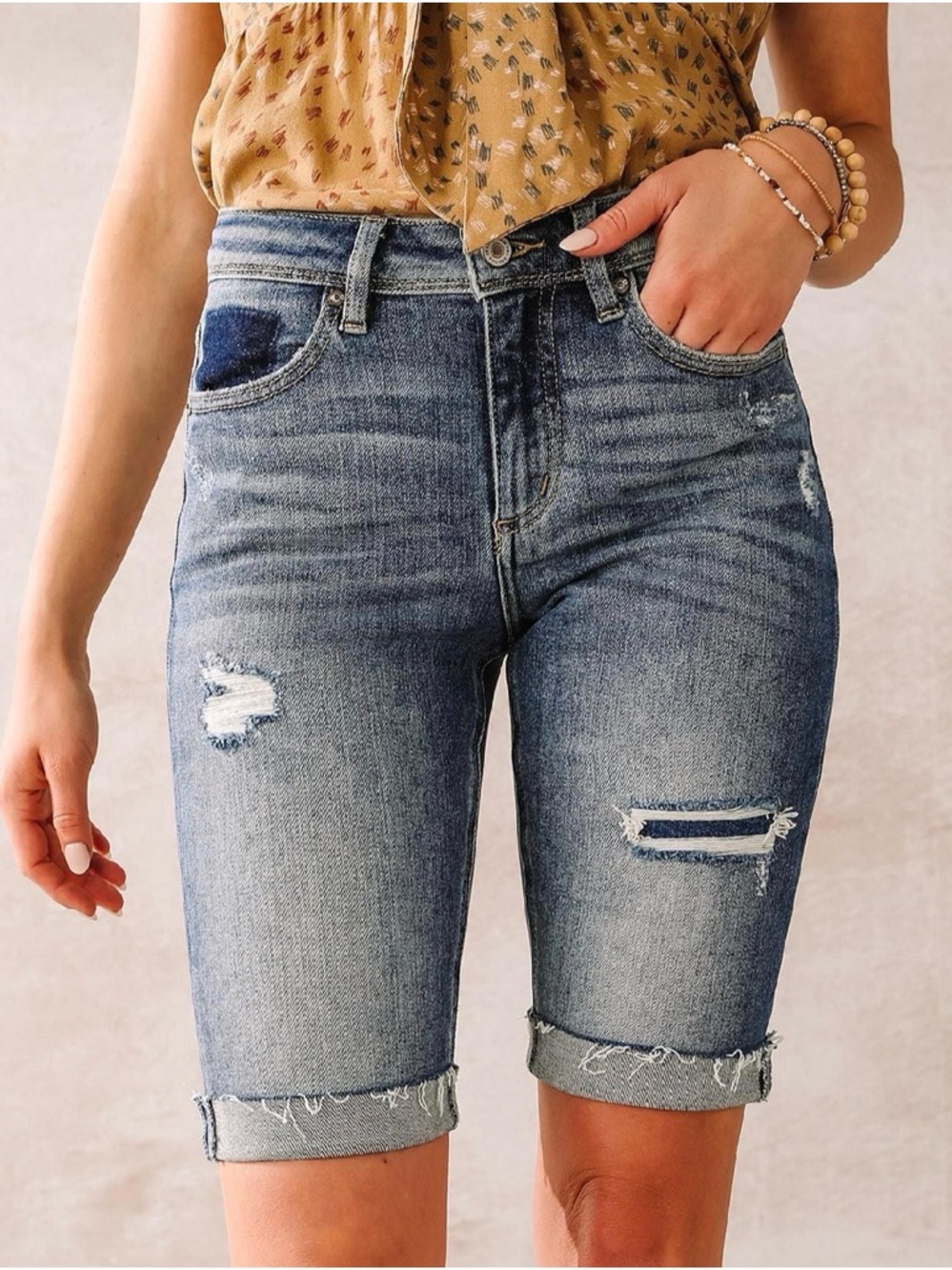 KanCan Distressed Mid-Blue Denim Bermuda Shorts